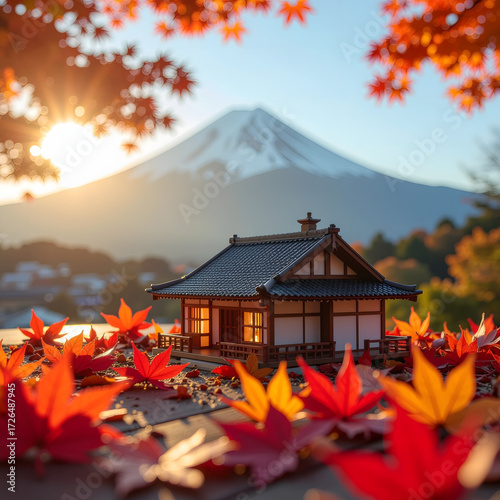 Japanese miniature building, with a round tiled roof, wooden walls, and small balconies