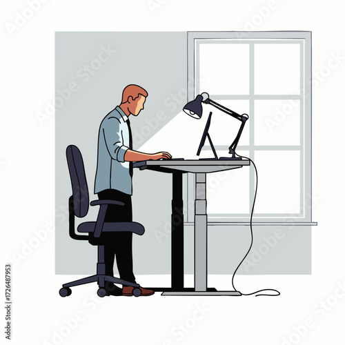 A focused professional stands at an ergonomic adjustable desk, diligently working on a tablet, promoting well-being and efficiency in a modern office.