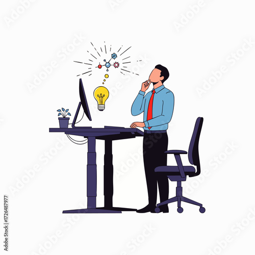 A thoughtful businessman stands at his modern adjustable desk, contemplating innovative solutions and new creative strategies for business development.