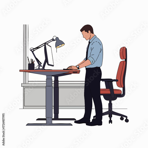 A focused professional man diligently works at his ergonomic adjustable standing desk, promoting health and productivity in a modern office environment.