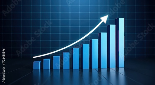 Blue bar graph showing upward trend with arrow