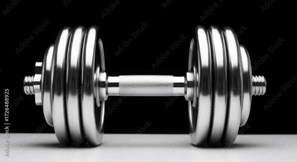 Naklejka premium Shiny chrome dumbbell on a dark background
