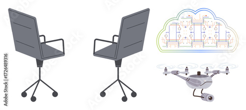 Two office chairs represent workplace seating, a quadcopter with a camera implies surveillance or deliveries, and a cloud computing diagram suggests data integration. Ideal for technology, workplace