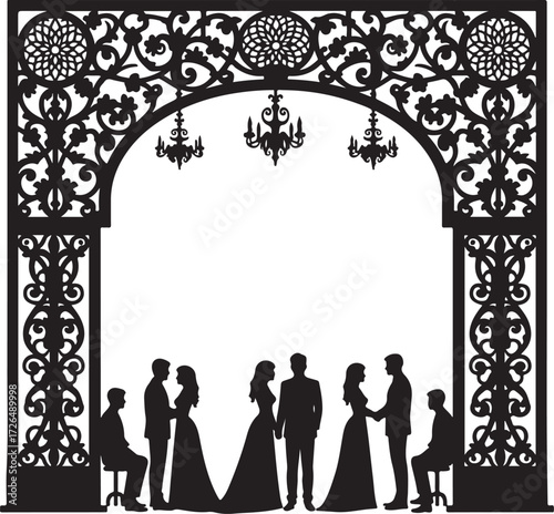 Black silhouette wedding ceremony under ornate arch with chandeliers