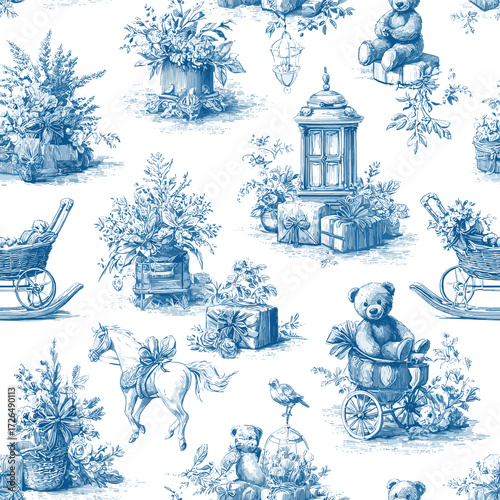 Editable Vector Baby Theme Blue Toile Christmas Seamless Pattern 9 with Teddy Bears, Toys, Trees and Gift Boxes. Hand-drawn baby theme Christmas design with teddy bears, rocking horse, toys, Christmas