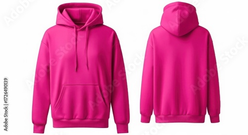 Bright pink hoodies front and back view isolated on white