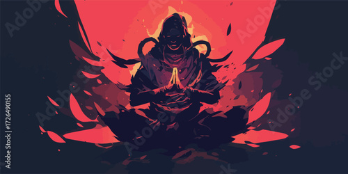 A figure in dark clothing sits cross-legged, hands in a prayer position, surrounded by swirling red hues and petals. The scene conveys serenity amidst chaos.