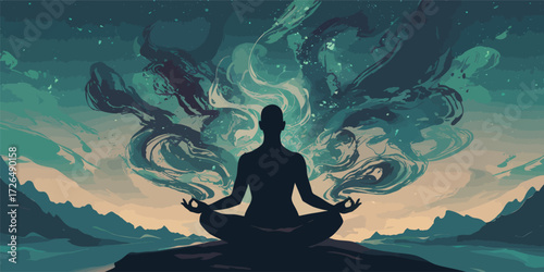 A figure sits cross-legged in meditation against a backdrop of mountains and swirling cosmos. The peaceful scene radiates calm and spiritual connection to the universe.