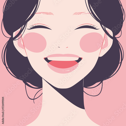 A woman with a joyful expression smiles brightly. Her hair is styled loosely, and the background is a soft pink, enhancing her cheerful demeanor.