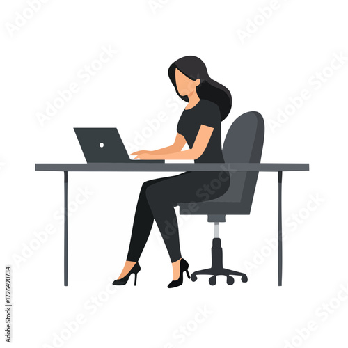 Minimalist monochrome icon showing office worker using computer and typing on notebook while seated at workplace