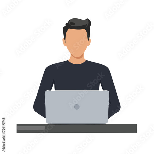 Minimalist monochrome icon showing office worker using computer and typing on notebook while seated at workplace
