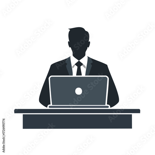 Minimalist monochrome icon showing office worker using computer and typing on notebook while seated at workplace