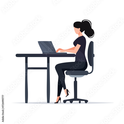Minimalist monochrome icon showing office worker using computer and typing on notebook while seated at workplace