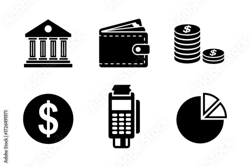 Financial icons depicting banking, currency, payment, and investment concepts