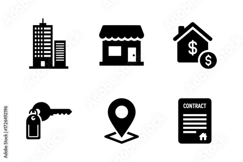 Real estate and property icons, representing buildings, location, and contracts
