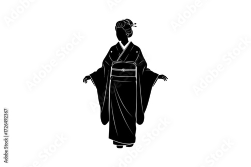 Illustration of a woman wearing a traditional kimono, , in a simple black and white style