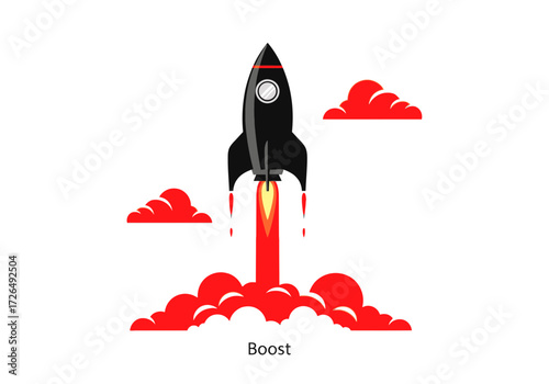 Rocket launching with boost, symbolizing growth, innovation, and business startup success