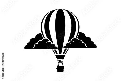 Black and white illustration of a hot air balloon floating among clouds