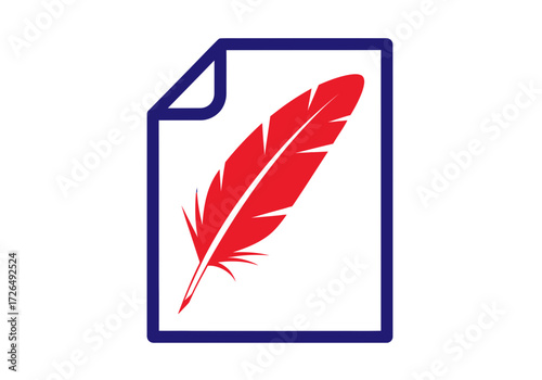 A red feather on a white document, symbolizing writing, editing, or communication