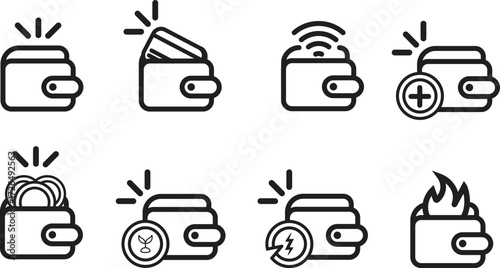 Vector icon set of wallets in minimalist line art style. Includes money, cards, coins, transaction, digital payment, and finance concept. Perfect for banking, fintech, saving, and business design.