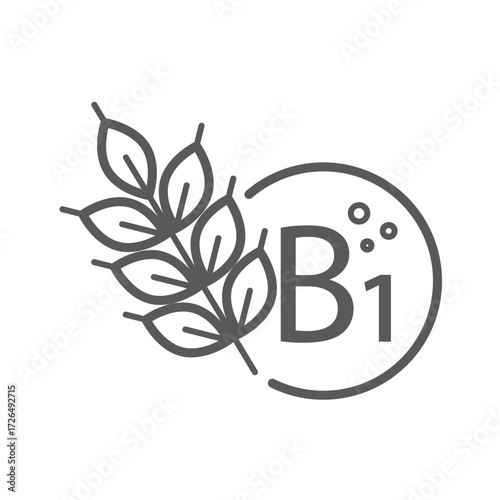 Vitamin B1 Icon with Wheat, Monochromatic Outline Design, Ideal for Nutritional and Educational Applications