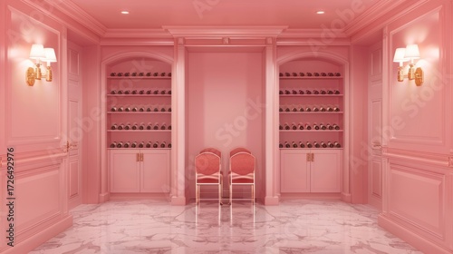 Elegant Pink Wine Cellar with Two Chairs and Marble Floor