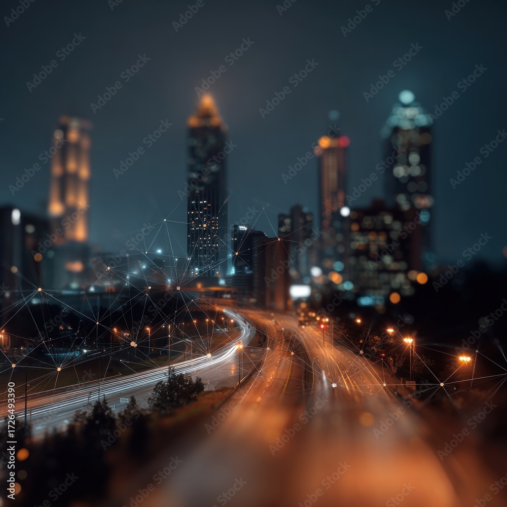 Obraz premium A nighttime cityscape, illuminated by lights and flowing car trails, overlaid with a network connecting the urban structures.
