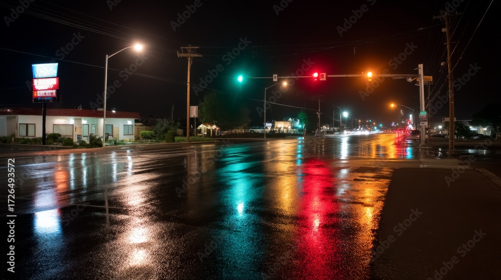 Fototapeta premium Vibrant night traffic and reflections on wet urban street with colorful lights and copy space in side composition