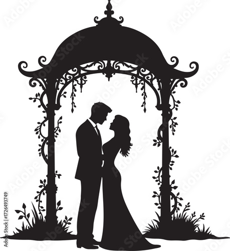 Silhouette couple embracing under ornate wedding gazebo