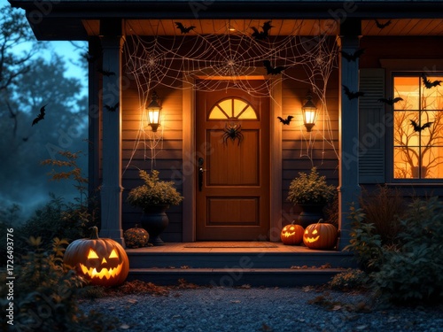 Cozy Halloween Home Entrance: Glowing Jack-O'-Lanterns, Spiderweb Decor, and Warm Autumn Light — Ultra-Realistic 9:16 Stock Image for Festive and Atmospheric Visuals