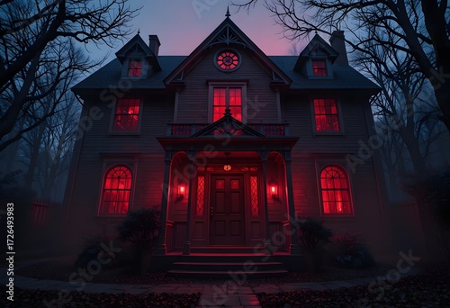 spooky haunted house with glowing red windows surrounded by dark forest at night