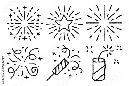 Fireworks Set of black firecracker hand drown icons for Anniversary, New year, Christmas, Celebrate, Festival.