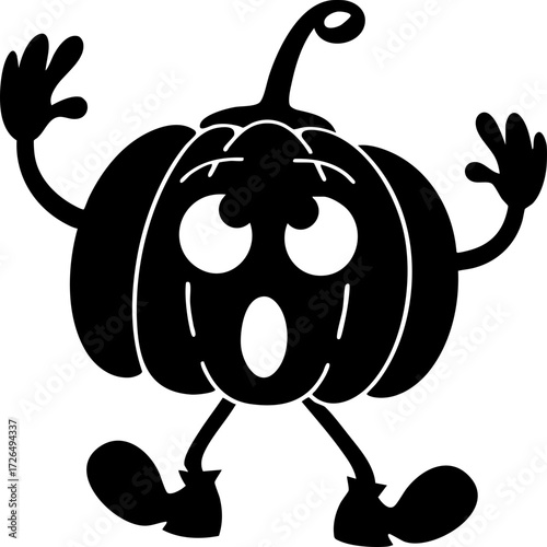 Cartoon pumpkin character with surprised expression stands with raised arms and legs. pumpkin has stem on top and features exaggerated eyes and mouth, adding playful and spooky vibe