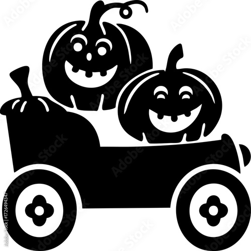 Two cheerful pumpkins with carved faces sit in cart, evoking festive Halloween spirit. simple black silhouette design adds playful touch to seasonal decorations