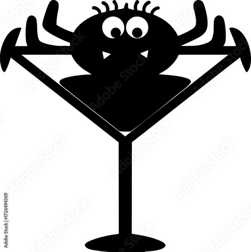 Playful spider silhouette sits inside cocktail glass, creating whimsical Halloween themed design. spider legs extend over rim, adding fun and spooky touch