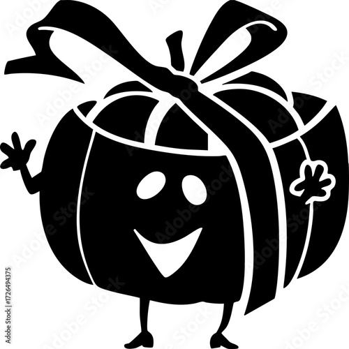Cheerful pumpkin character with ribbon bow, featuring smiling face and waving arms, embodies festive Halloween spirit. playful design adds whimsical touch to seasonal decorations