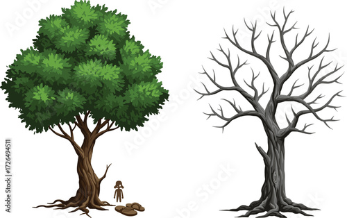 Leafy and Barren Tree Comparison with Rocks and Humanoid Figure on White Background for Nature, Life Cycle, Symbolism, and Ecology