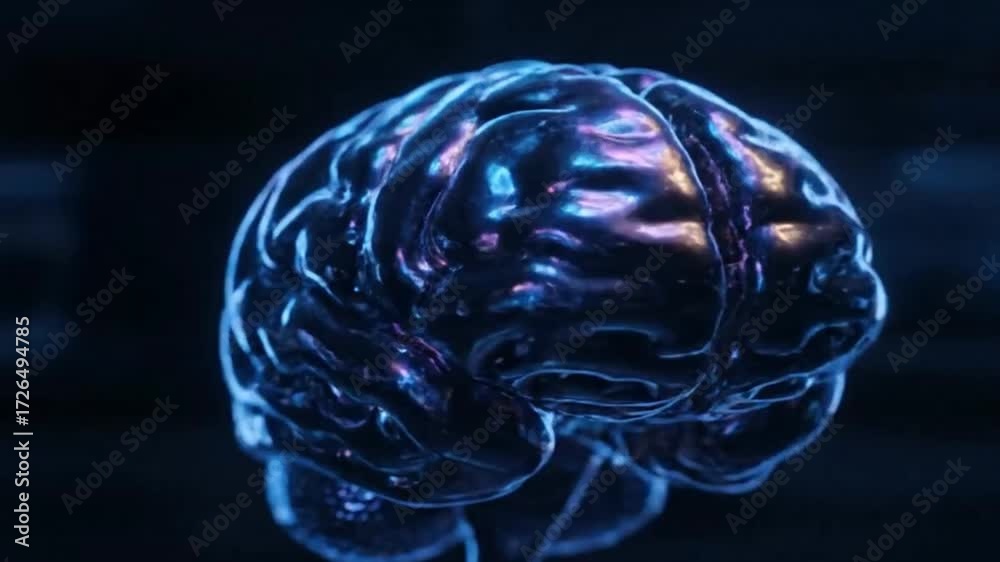 Futuristic animation of a rotating metallic human brain