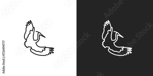 black and white bird logo, icon. animal, crane, birds, fly, flying, nature, feather, wild, wildlife, fauna, wing, sticker, clipart, flat, vector illustration.