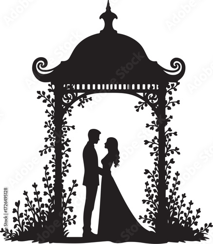 Silhouette wedding couple in gazebo with floral vines