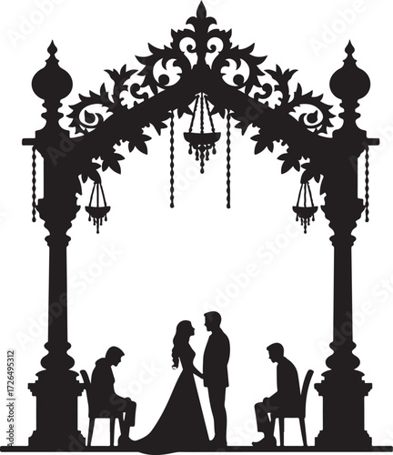 Silhouette wedding couple under ornate arch with seated figures