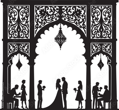 Silhouette wedding scene with ornate archway and chandeliers