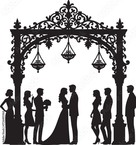 Wedding ceremony silhouette under ornate arch with guests