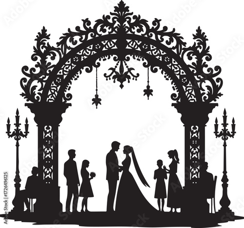 Wedding ceremony silhouette under ornate arch with guests