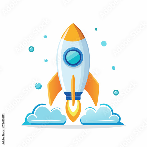 Cartoon rocket ship launching into space, a vibrant icon representing a business startup, innovation, and project development