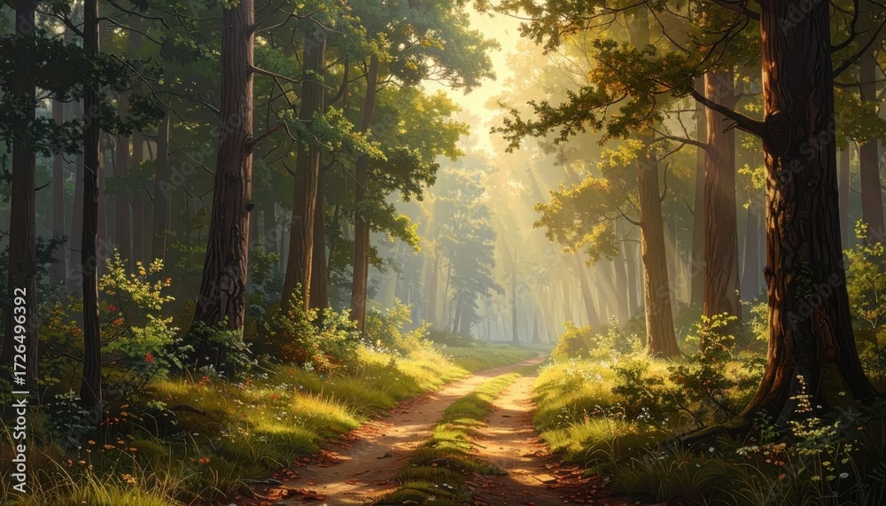 Fototapeta premium A sun-drenched forest path winds through towering trees, bathed in golden light.