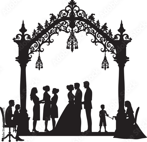 Wedding Ceremony Silhouette Under Ornate Archway vector