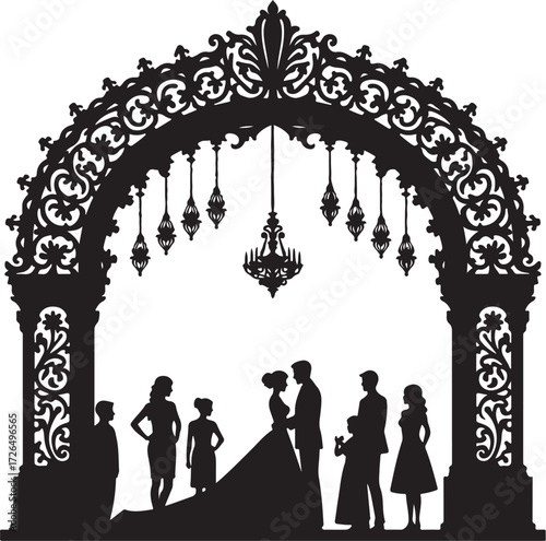 Wedding Ceremony Silhouette Under Ornate Archway With Chandeliers