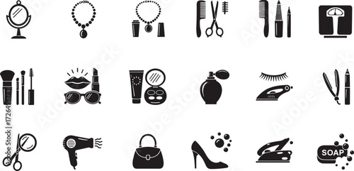 Beauty and fashion accessories icons vector illustration including makeup, jewelry, hair styling tools, perfume, shoes, handbags, and cosmetic products