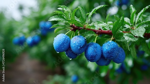 Close Up of Ripe Blue Plums on Branch with Water Droplets and Green Leaves against Soft Blurred Background